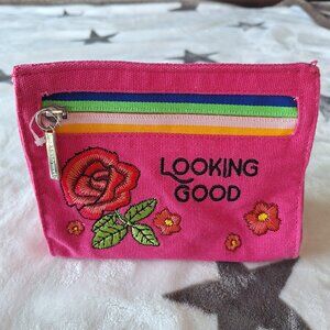 Bath & Body Works Canvas Cosmetic Bag "Looking Good" Floral Embroidered